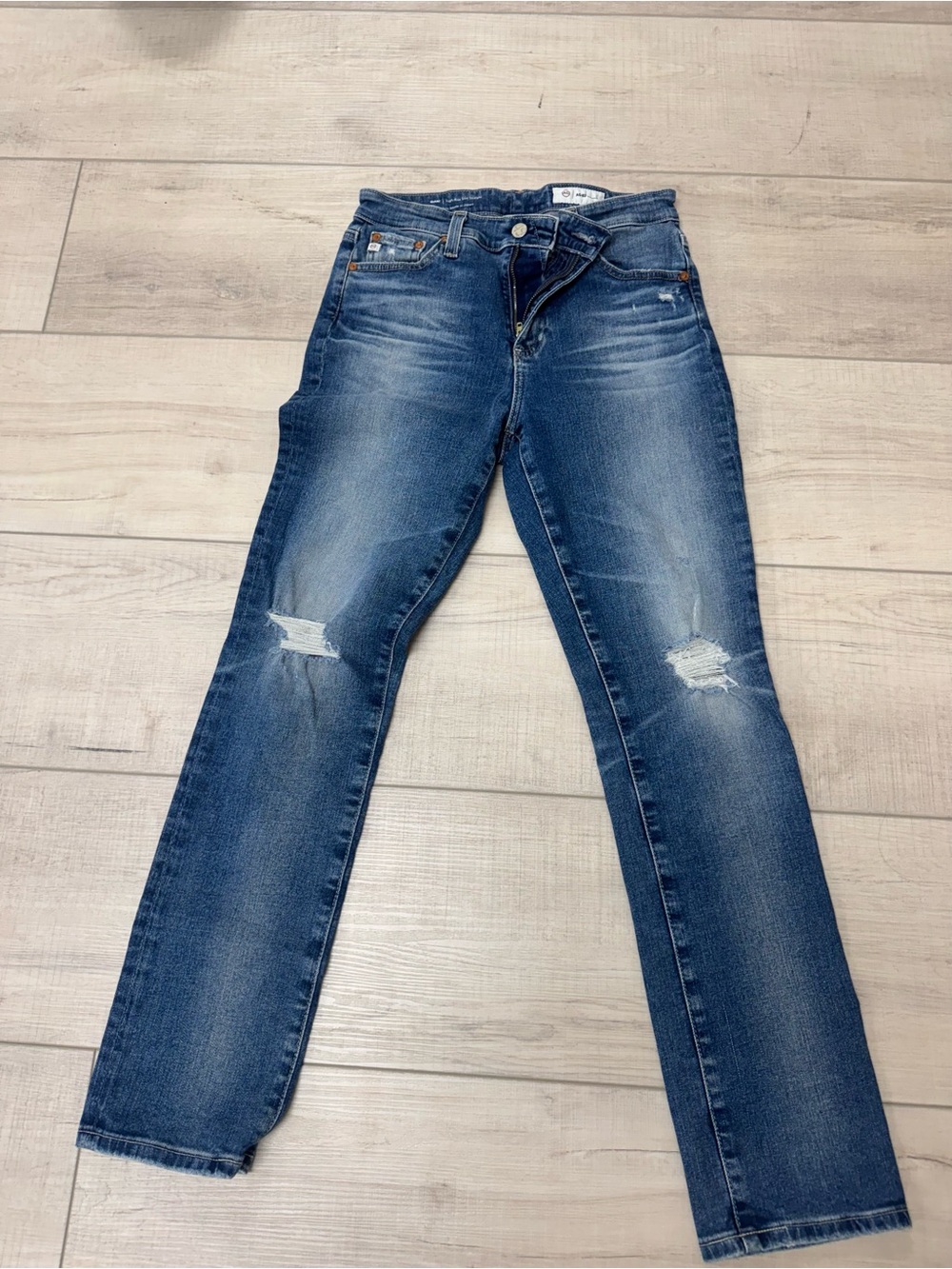 AG Adriano Goldschmied Distressed Blue Straight-Leg Jeans